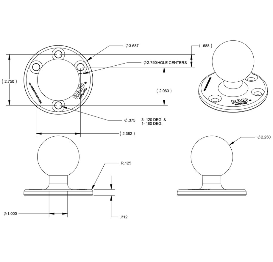 RAM Mount Ram 3.68 Dia. Base With Ball