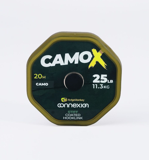 Tresse RidgeMonkey Connexion Camo X Bas de ligne enduit rigide - Stiff Coated Hooklink 25lb/11,3kg Camo 20m