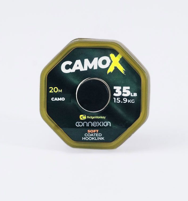 Tresse RidgeMonkey Connexion Camo X Bas de ligne à revêtement souple - X Soft Coated Hooklink 35lb/15,9kg Camo 20m