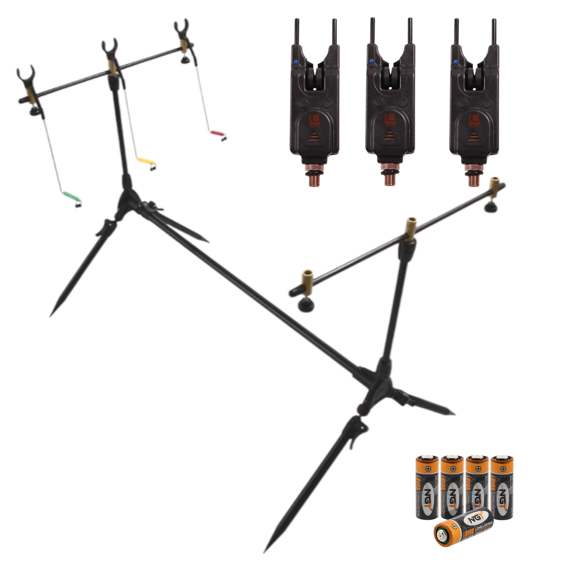 NGT Ensemble Rod Pod complet avec détecteurs, batteries, indicateurs et supports - 3 Rod