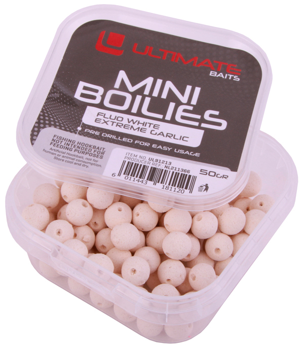 Ultimate Coarse Box, tout le matériel pour la pêche au feeder et au coup ! - Ultimate Baits voorgeboorde mini boilies, Fluo White Extreme Garlic