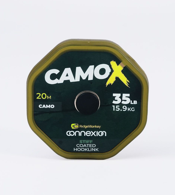 Tresse RidgeMonkey Connexion Camo X Bas de ligne enduit rigide - Stiff Coated Hooklink 35lb/15,9kg Camo 20m