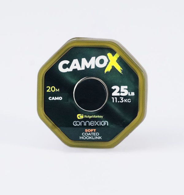 Tresse RidgeMonkey Connexion Camo X Bas de ligne à revêtement souple - X Soft Coated Hooklink 25lb/11,3kg Camo 20m